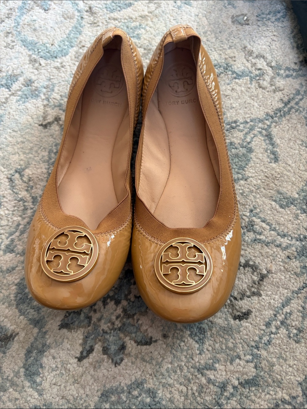 Tory Burch Camel Patent Leather Logo Ballet Flats
